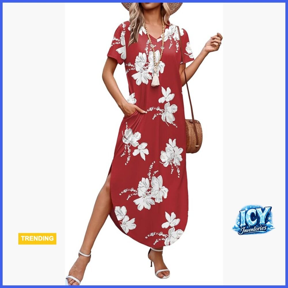 Short Sleeve Maxi Dress with Pockets, Lightweight Vacation Beach Sundress